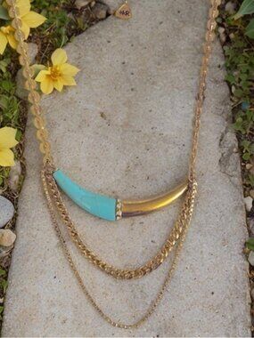 Silpada KR  Brass and Turquoise Colored Horn Accents Necklace with Chain Layers